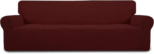 Easy-Going Stretch 4 Seater Sofa Slipcover 1-Piece Sofa Cover Furniture Protector Couch Soft with Elastic Bottom for Kids, Polyester Spandex Jacquard Fabric Small Checks Wine