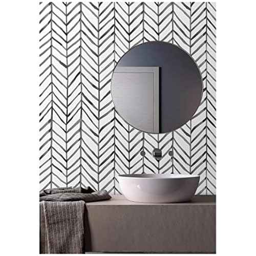 HAOKHOME Black and White Wallpaper Peel and Stick Stripe Herringbone Geometric Textured Self Adhesive Contact Paper Removable for Bathroom 17.7in x 9.8ft
