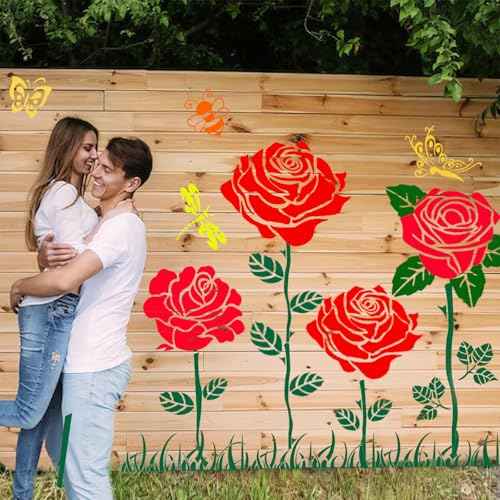 9pcs Large Rose Stencil 12X12Inch - Reusable & Easy Clean Giant Rose Template with Instructions for Walls, Wood, Fence, Fabric & More (Rose)
