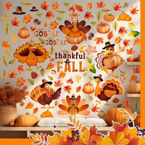 100 Pcs 6 Sheets Thanksgiving Turkey Wall Sticker Decorations Maple Leaves Fall Wall Stickers for Fall Thanksgiving Birthday Party Autumn Leaves Window Decal Home Window Decorations