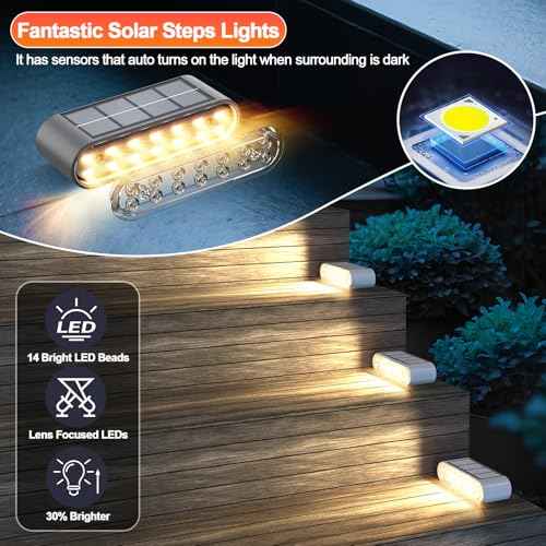 Solar Step Lights for Outside, 12-Pack Stair Light Outdoor Waterproof IP67, 14 LED Warm White Light Solar Powered Lighting for Steps, Stairs, Deck, Patio, Walkway, Front Porch Decor