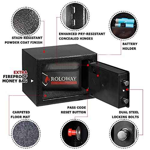 ROLOWAY Steel Money Safe Box for Home with Fireproof Money Bag for Cash Hidden, Security Safe Box with Keys and Keypad (Black)