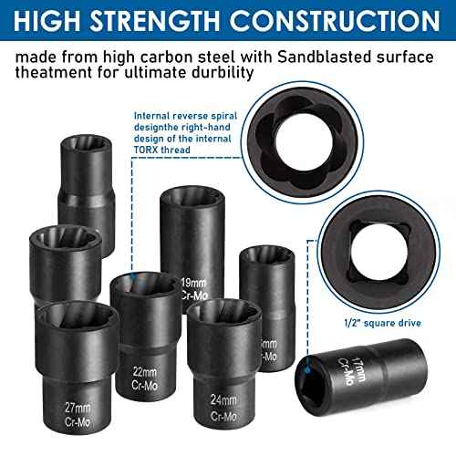 Lug Nut Removal Tool,10 Piece Lug Nut Extractor Set 1/2 Inch Drive, Easy Out Lug Nut remover for Damaged, Frozen, Studs, Rusted, Rounded-Off Bolts & Nuts Screws