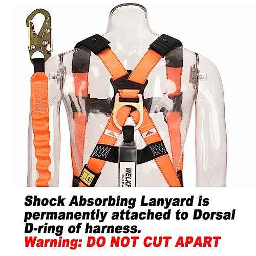 1D-Ring Industrial Fall Protection Safety Harness with 6-Foot Shock Absorber Stretchable Lanyard | Permanent attached Kit | ANSI Compliant Personal Fall Arrest System(PFAS)