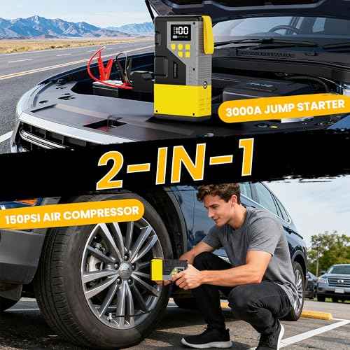 Portable Car Jump Starter with Air Compressor for Emergencies,3000A Peak and 150 PSI Max,for 12L Gas & 10L Diesel Engines,LCD Display,LED Light,Power Bank
