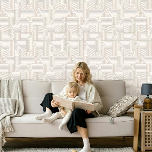 Modern Peel and Stick Wallpaper Boho Contact Paper for Cabinets Drawers Beige and White Striped Geometric Self Adhesive Wallpaper for Bedroom Bathroom Wall Decor Neutral Vinyl 17.3inW 78.7inL