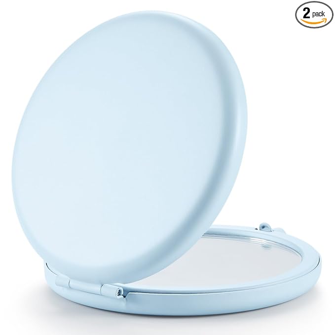 Compact Mirror for Purse, Set of 2 Double-Sided 1X/2X Magnifying Metal Pocket Makeup Mirrors(Round, Light Blue)
