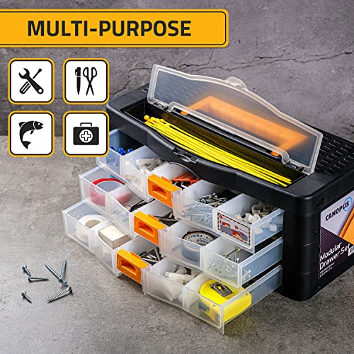 CANOPUS Craft Organizer with Drawers, 15-in Modular Drawer Case, Storage Organizer with Transparent Drawers, Portable Plastic Tool Box for Small Tools, Crafts, Screws, Bolts, Hardware and Small Parts