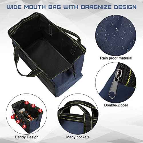 Cunno 2 Pcs Tool Bag with Waterproof Strong Molded Base Multi Pockets Wide Mouth Tool Tote Multifunctional Tool Bag Organizer Large Capacity Heavy Duty Tool Storage Bag(Blue,18 Inch, 13 Inch)