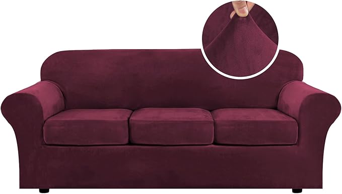 H.VERSAILTEX High Stretch Sofa Slipcover 4 Piece Cover Velvet Furniture Protector Form Fit Thick Velvet Extra Large Sofa Cover for 3 Cushion Couch Width Up to 97 Inch (Large Sofa, Wine/Burgundy)