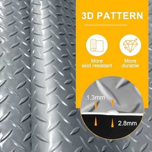 4x6 FT Garage Floor Mat, 2.8mm Thickened Flooring Roll Diamond Plate PVC Rubber Trailer Mat, Non-Slip Floor Mat for Garage, Warehouse, Gyms, Boats, Pickup Truck, Gray