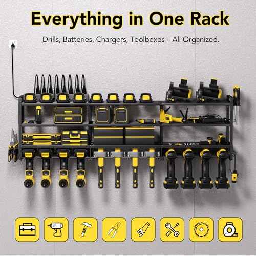 Power Tool Organizer Wall Mount with Charging Station, Cordless Tool Organizer, 12 Drill Holders 4-Tier Heavy Duty Drill Rack with 8-Outlet Power Strip, Garage Gift for Men