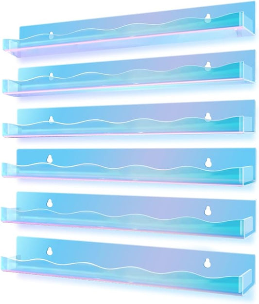 15" Nail Polish Rack Wall Mounted Floating Shelves Acrylic Paints Gel Polish Organizer and Storage with End Caps for Kid Room, Books, Nail Techs, Art Lovers, Great Display Salons, Rainbow