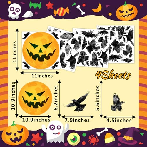 Halloween Decoration Decals for Wall Scary Indoor Halloween Sticker Decor Moon Crow Sticker Halloweens Window Decal Peel and Stick Black Crow Art Murals for Living Room Bedroom Haunted House Supplies