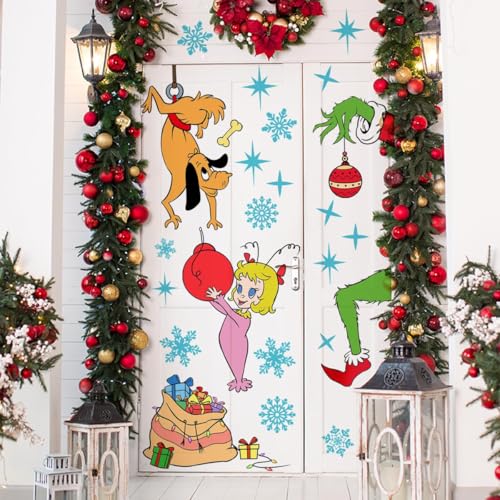 38.97 x 29.92 Inch Cute Christmas Girl Dog Snowflakes Decor Large Xmas Mural Decals for Winter Home Refrigerator Garage Door Wall Window Decoration