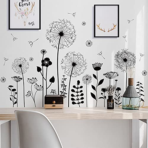 Large Dandelion Wall Stickers, Attractive Flying Flowers Wall Decals, Removable Plants Wall D?cor, DIY Art Mural Vinyl for Bedroom Living Room Sofa Backdrop Classroom Decoration (Black)