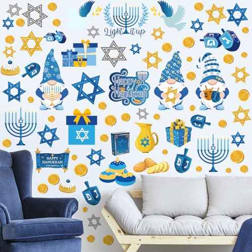 ReliThick 78 Pcs Hanukkah Wall Decals Hanukkah Decor Blue White Gold Menorah Star Gnome Stickers Chanukah Party Decor Jewish Decoration for Living Room Bedroom Nursery Wall Decoration