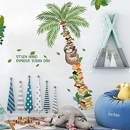 Book Tree Plants Sloth Wall Sticker, Cute Sloth Climbing on The Tree Wall Decal, Removable DIY Vinyl Mural Art Wallpaper D?cor for Reading Room Kids Bedroom Nursery Classroom