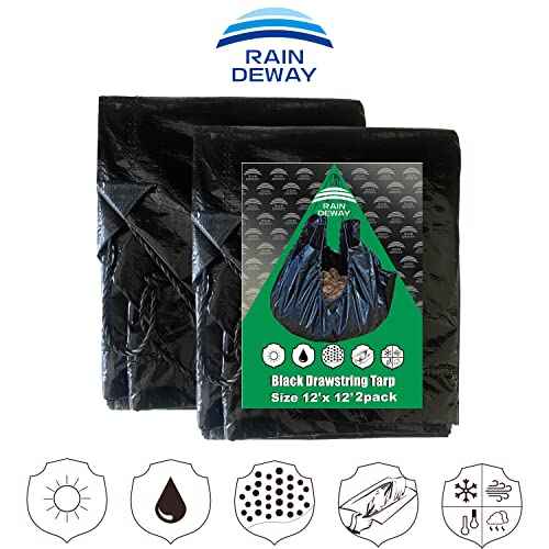 RAINDEWAY Drawstring Tarp 12x12 Feet (2pack), 9 mil Black Poly Yard With Drawstring, Reusable Leaf Lawn Garden Bag