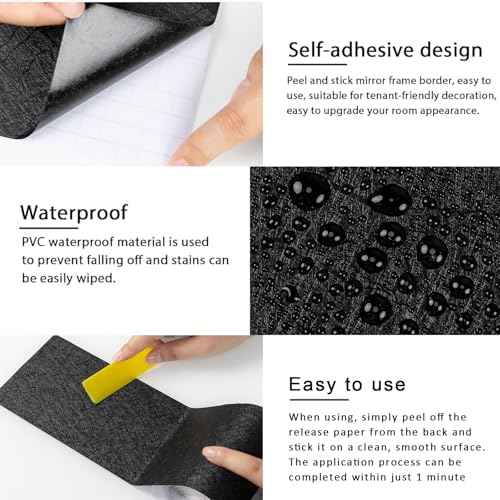 Avinyl 10M Black Mirror Border Peel and Stick Wallpaper, Self Adhesive Waterproof Wallpaper Mirror Frame Tape for Bathroom Decor, Silk Peel and Stick Trim Removable Kitchen Wall Decor 1.96" x 393"