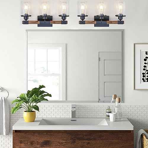 3-Light Bathroom Light Fixtures, Farmhouse Bathroom Vanity Light Rustic Wood Industrial Vintage Black Small Wall Light Sconce Lamp Over Mirror with Clear Glass Shade for Bedroom