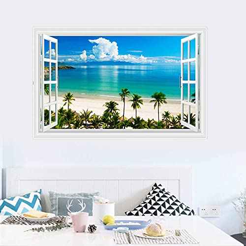 Kiddale Fake Windows Wall Sticker, Removable 3D Beach Seascape Faux Windows Wall Decals for Bedroom Living Room Decoration,27.5"x18"