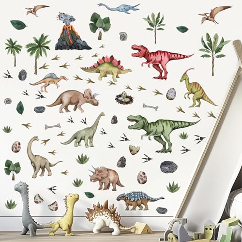 Large Dinosaur Wall Stickers Peel and Stick Dinosaur Footprint Wall Decals Tropical Leaf Palm Tree Wall Stickers Dino Feet Colorful Dinosaurs Wall Decals for Boys Room Bedroom Nursery