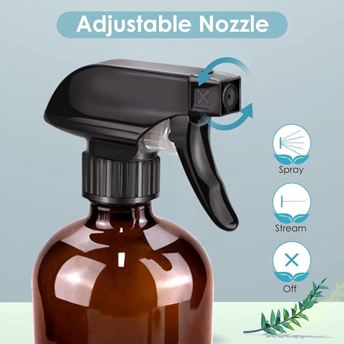 Bontip Glass Spray Bottle, Amber Glass Spray Bottle Set & Accessories Refillable for Plants Window Cleaners Aromatherapy Facial Hydration Watering Flowers Hair Care (2 Pack/16 oz) (Amber)