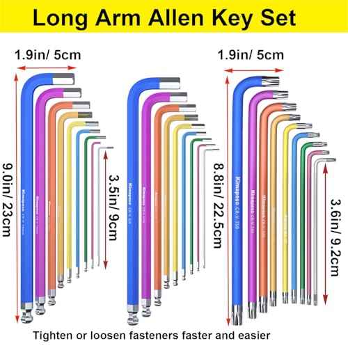 Hex Key Set 27PCS Long Arm Allen Key Set Extra Long Ball End Allen Wrench Set Metric Imperial Torx With T-Handle Metric 1.5mm-10mm, SAE 1/16-3/8, Star Key Set T10-T50
