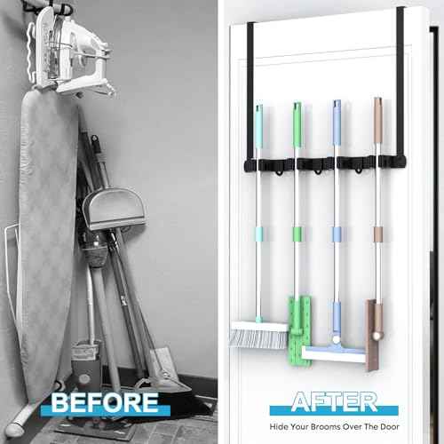 Broom Holder Over The Door, Mop and Broom Holder Wall Mount or Hanging Over The Door with Hooks, Broom Hanger, Broom Storage, Tool Organizer for Garage Closet Laundry 2PCS