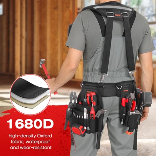 Tool Belt for men | 38-Pockets Heavy Duty Padded Tool Belts | With Suspenders | Detachable & Adjustable Tool Pouch Bag | Electrician,Carpenter,Construction,Framers,Carpenter,Roofing
