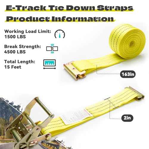 E Track Ratchet Straps Tie Down Strap (8-Pack), 2in¡¿15ft Heavy Duty Tie Down Cargo Straps£¬4400 LBS Breaking Strength E Track Trailer Tire Straps for Tires Motorcycles Tailers Loads, Yellow.