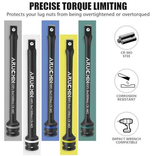 1/2" Drive Torque Limiting Extension Bar Set, 5-Piece Lug Nut Torque Stick Set With 8 Inch Color-Coded 65 to 140 Ft-Lbs Torque Sticks