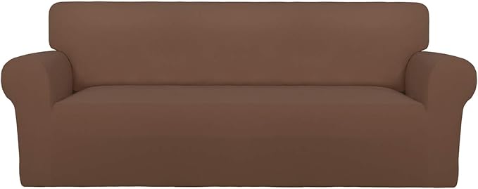 PureFit Super Stretch Oversized Sofa Slipcover – Spandex Non Slip Soft Couch Sofa Cover, Washable Furniture Protector with Non Skid Foam and Elastic Bottom for Kids, Pets （Oversized Sofa, Brown）
