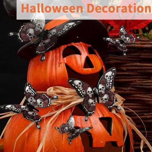 Halloween Wall Stickers 24 Pcs 3D Butterfly Wall Decals Gothic Black Red Butterfly Wall Decor Halloween Party Supplies for Bedroom Room Door Window Fireplace Decoration, Skull Style
