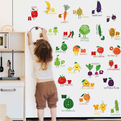 Fruit Vegetables Alphabet Kids Wall Stickers Wall Decals Peel and Stick Removable Cartoon Wall Stickers for Kids Nursery Bedroom Living Room Decor