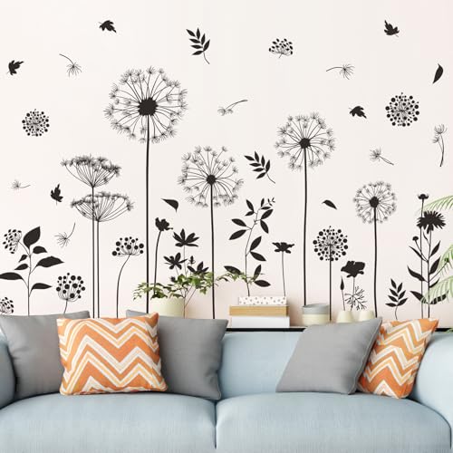 Black Flower Wall Decals Peel and Stick Simple Boho Flower Wall Sticker Wildflower Plants Dandelion Wall Decor Removable Vinyl Wall Mural for Girl Room Bedroom Living Room Home FX-C413