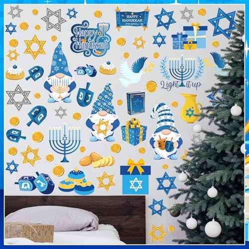 ReliThick 78 Pcs Hanukkah Wall Decals Hanukkah Decor Blue White Gold Menorah Star Gnome Stickers Chanukah Party Decor Jewish Decoration for Living Room Bedroom Nursery Wall Decoration
