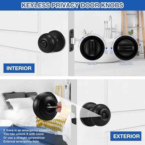 10 Pack Matte Black Door knobs, Keyless Interior Door Locks, Round Ball Keyless Doorknobs with Lock Privacy Door Handle for Bedroom Bathroom