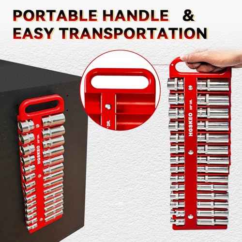 Magnetic Socket Holder Set with Handle, Portable Socket Organizer, Heavy Duty Socket Racks 3/8" Drive Holders Hold 28 standard Sockets for Tool Box (Red, 3/8" Drive)
