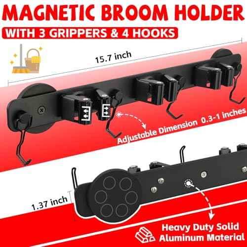 Magnetic Mop Broom Holder,Heavy Duty Movable Magnetic Wall Mount Tool Racks,No Drilling Utility Storage Shovel Hanger for Garage,Closet,Garden,Kitchen,Laundry (4 Hooks 3 Grippers,Black)