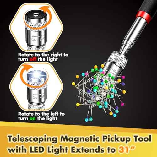 Lasnten Needle and Pin Retriever Telescoping Magnetic Pickup Tool with LED Extends to 31.1" Picks up Metal Sewing Notions Without Bending Over Extendable Magnet Pickup Tool