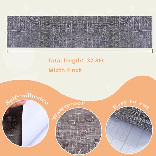 MULLSAN 10Meters Gray Wood Wallpaper Border Peel & Stick Wall Covering Kitchen Bathroom Bedroom Tiles Decor Sticker