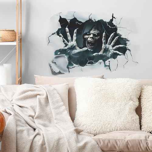 Creepy Halloween Wall Decals ? 3D Skeleton Breaking Through Wall, Scary Monster & Haunted House Wall Stickers for Living Room, Party, Spooky Decor for Halloween Home & Haunted House Decorations