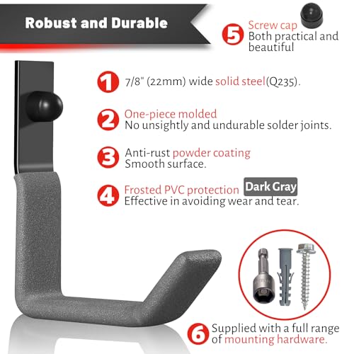Garage Hooks for Hanging Heavy Duty, Ladder Hooks for Garage Wall Hanger, Metal J Utility Hooks, Shovel Holder Wall Mount Hooks, Garden Tool Organizer Storage for Helmet, Backpack-6Pack