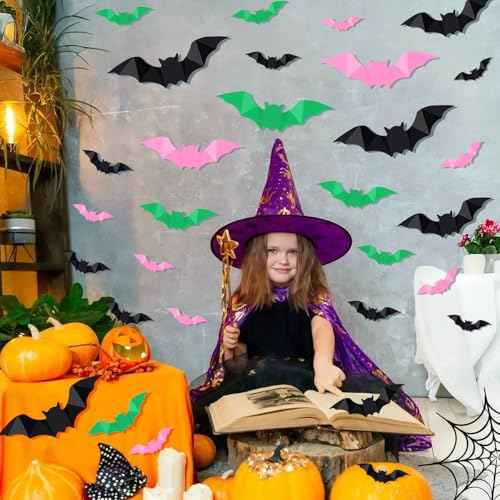 HOMIEE Halloween Party Supplies Hallween Decorations 3D Bat 64PCS Wall Decor, Pink Bats for Wall PVC Door Bats Stickers & Decals for Home Indoor Spooky Theme Party Supplies