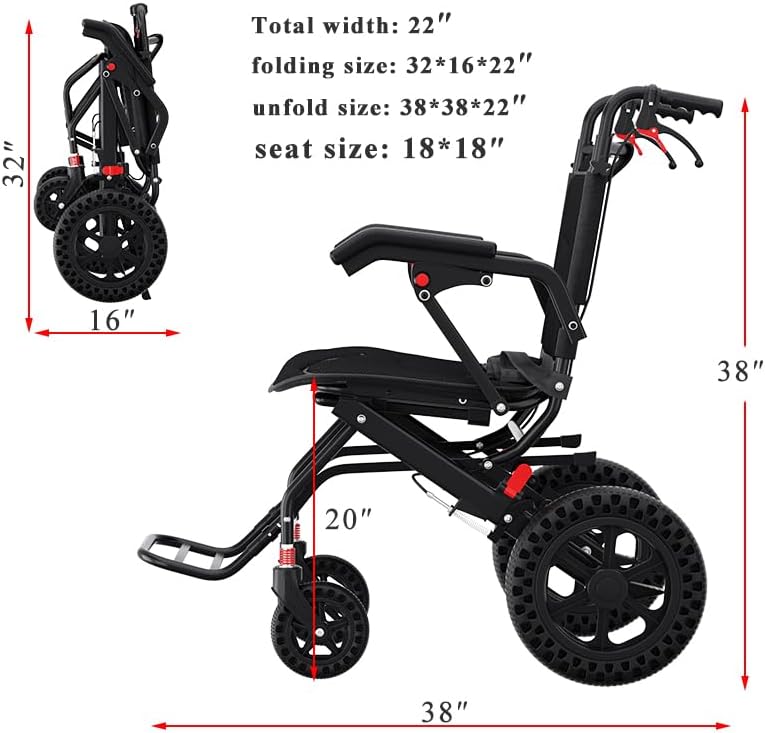 18”W x 18”D Seat Wheelchairs for Adults Transport Chair Lightweight Foldable with Telescopic Handle, Portable Folding Travel Wheel Chairs for Seniors，21.4 lbs，12” Rear Wheel