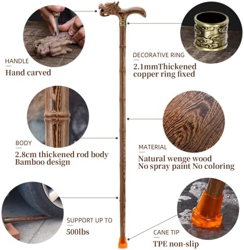 Wooden Cane, Hand Carved High-end Walking Cane for Men and Women, Lightweight Design Support Up to 500lbs Dragon Canes for Seniors, Suitable for Discerning Personal and Gift Use