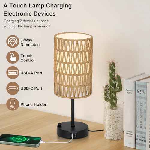 Touch Table Lamp Set of 2 For Bedroom with Bulb, Boho Small Desk Lamp For Living Room With Rattan & Linen Shade, 3 Way Dimmable Bedside Table Lamp For Nightstand With USB Charging Port & Phone Stand