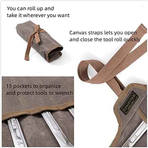 Tool Roll Up Organizer Bag, Heavy Duty 16oz Waxed Canvas Wrench Roll Up Bag with Straps, Multi-Purpose Tool Pouch (Grey)